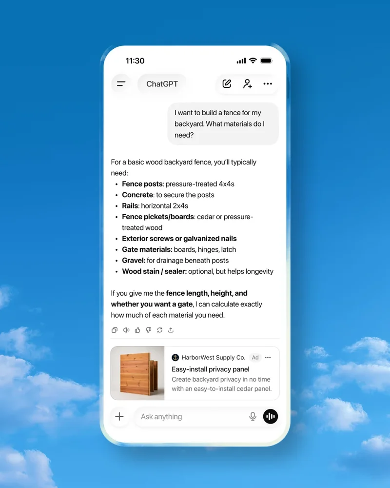 Exempel på en annons i ChatGPT: en sponsrad ruta under svaret på kundens fråga