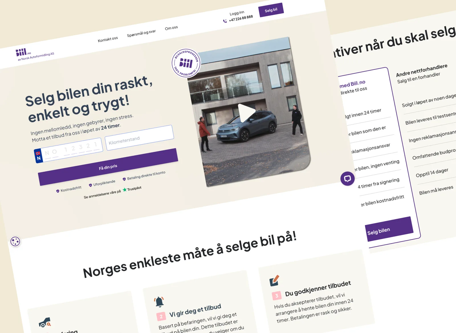 Landningssida för bilförsäljning med rubrik, formulär för registreringsnummer och en jämförelse med andra nätförhandlare