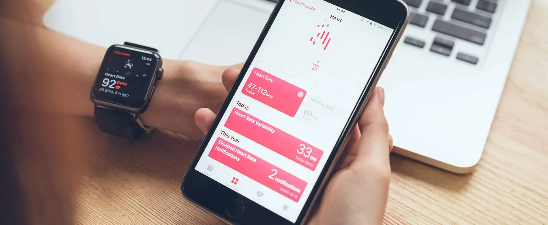 App med hälsodata på mobilen bredvid en smartklocka