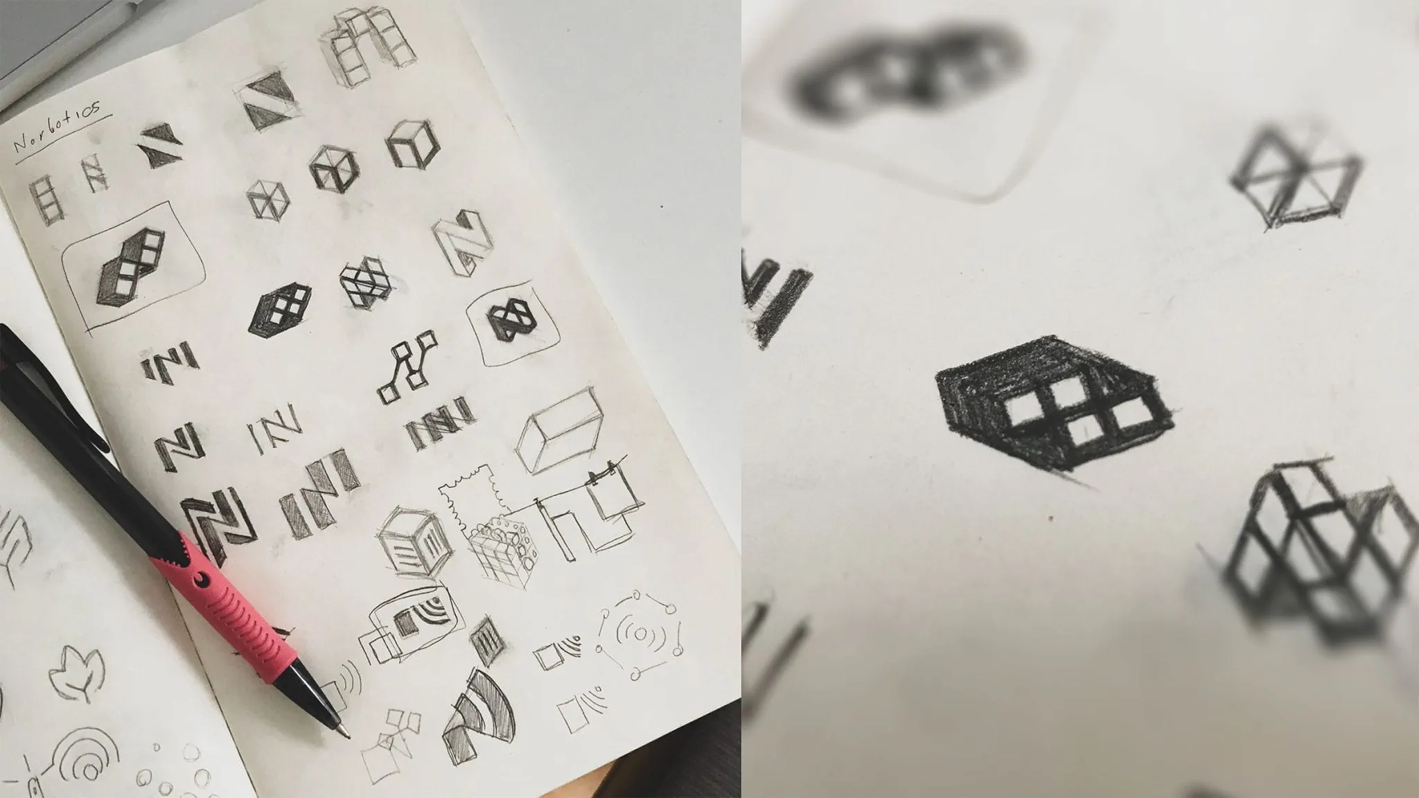 Blyertsskisser av logotypförslag för Norbotics i ett skissblock
