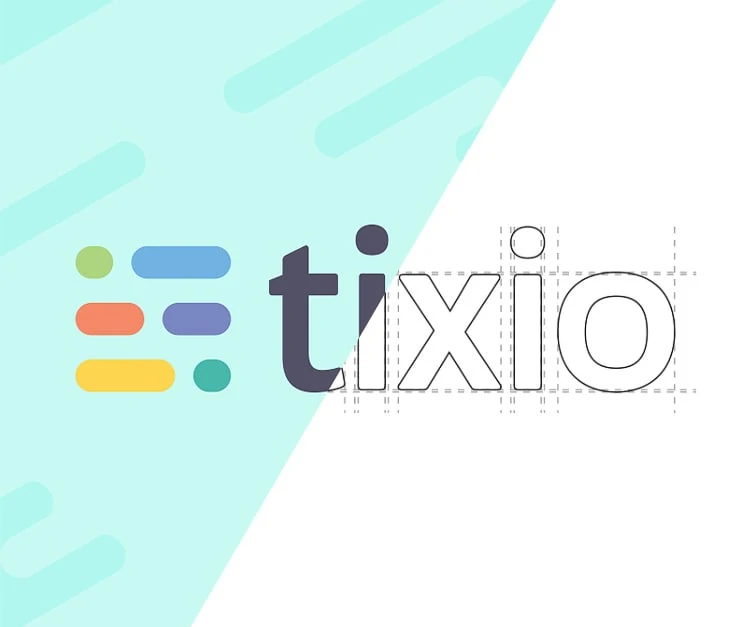 Logotypen Tixio där bokstäverna går från färdig form till vektorkonturer med hjälplinjer