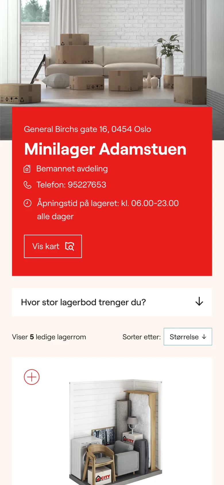 Avdelningssida Adamstuen med detaljer och lediga lagerrom