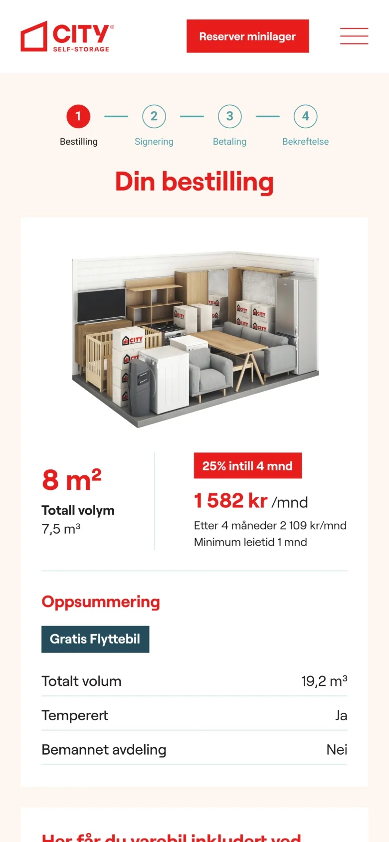 Bestillingsflödet med oppsummering och pris