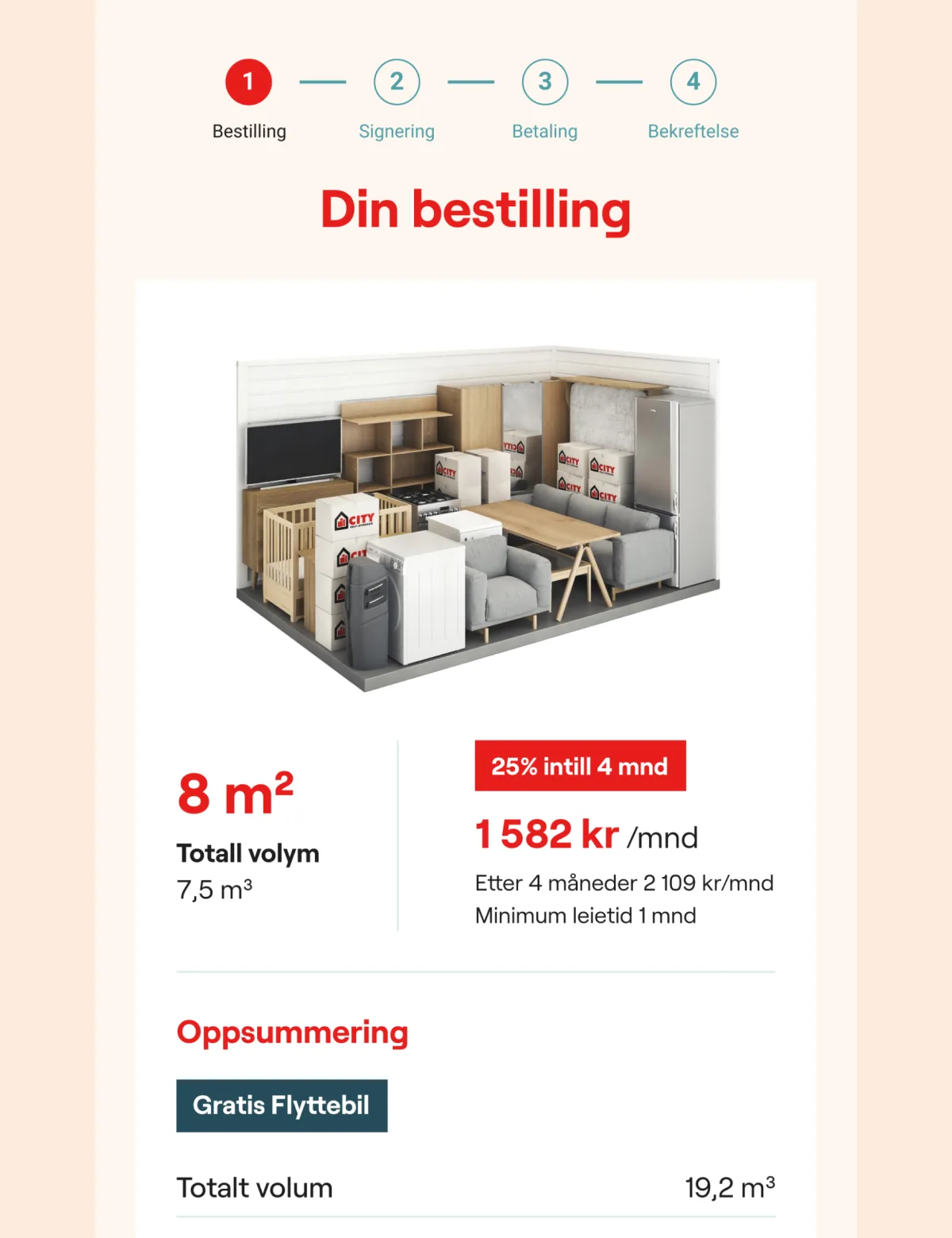 Bestillingsflödet på desktop med 3D-visualisering av lagerstorlek