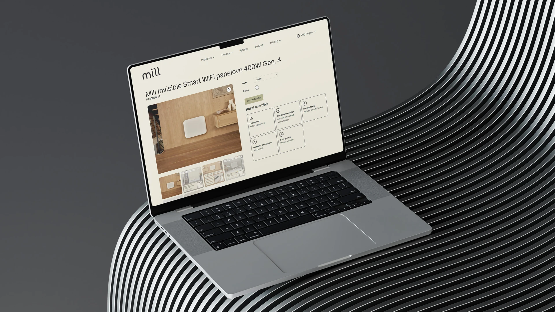 Mills webbshop på en laptop