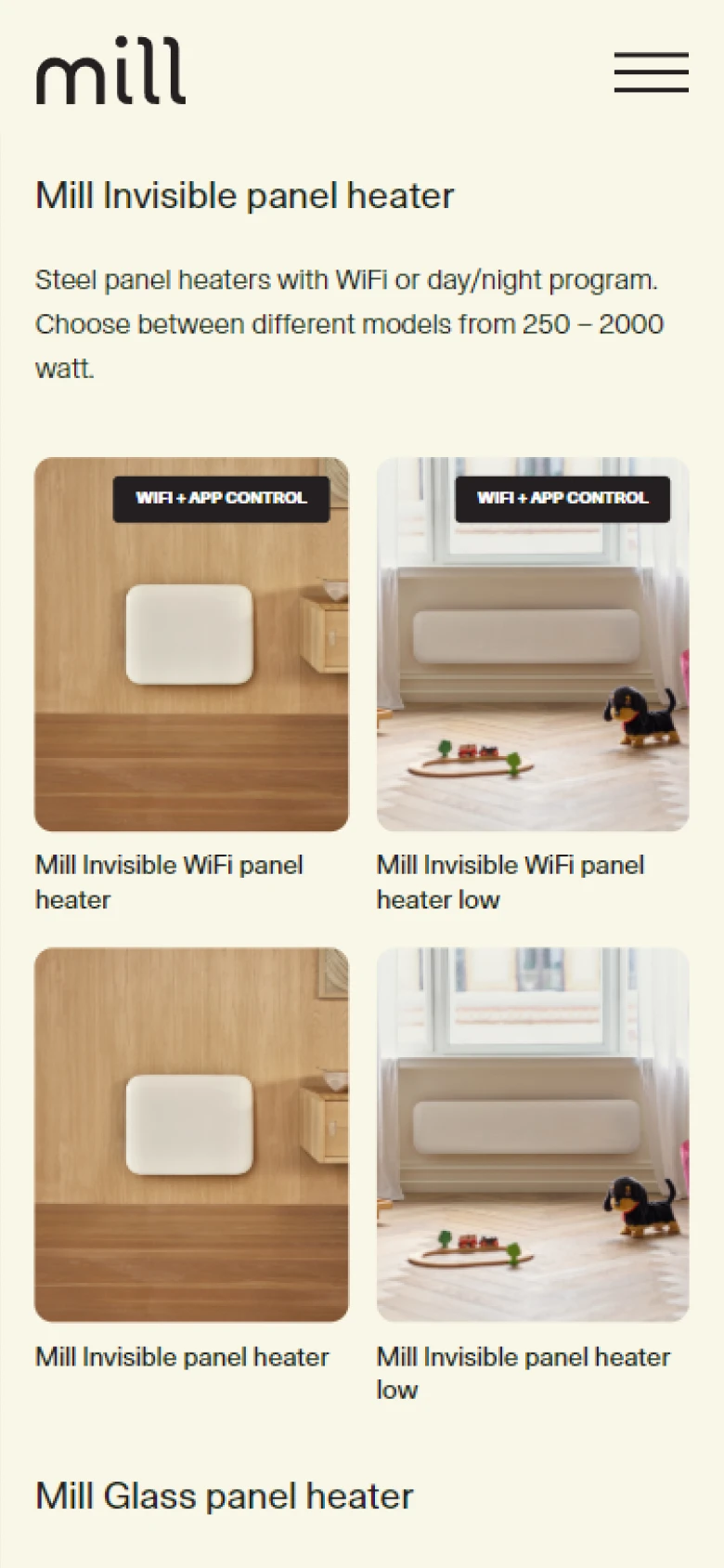 Kategorisidan för panelvärmare i mobilen
