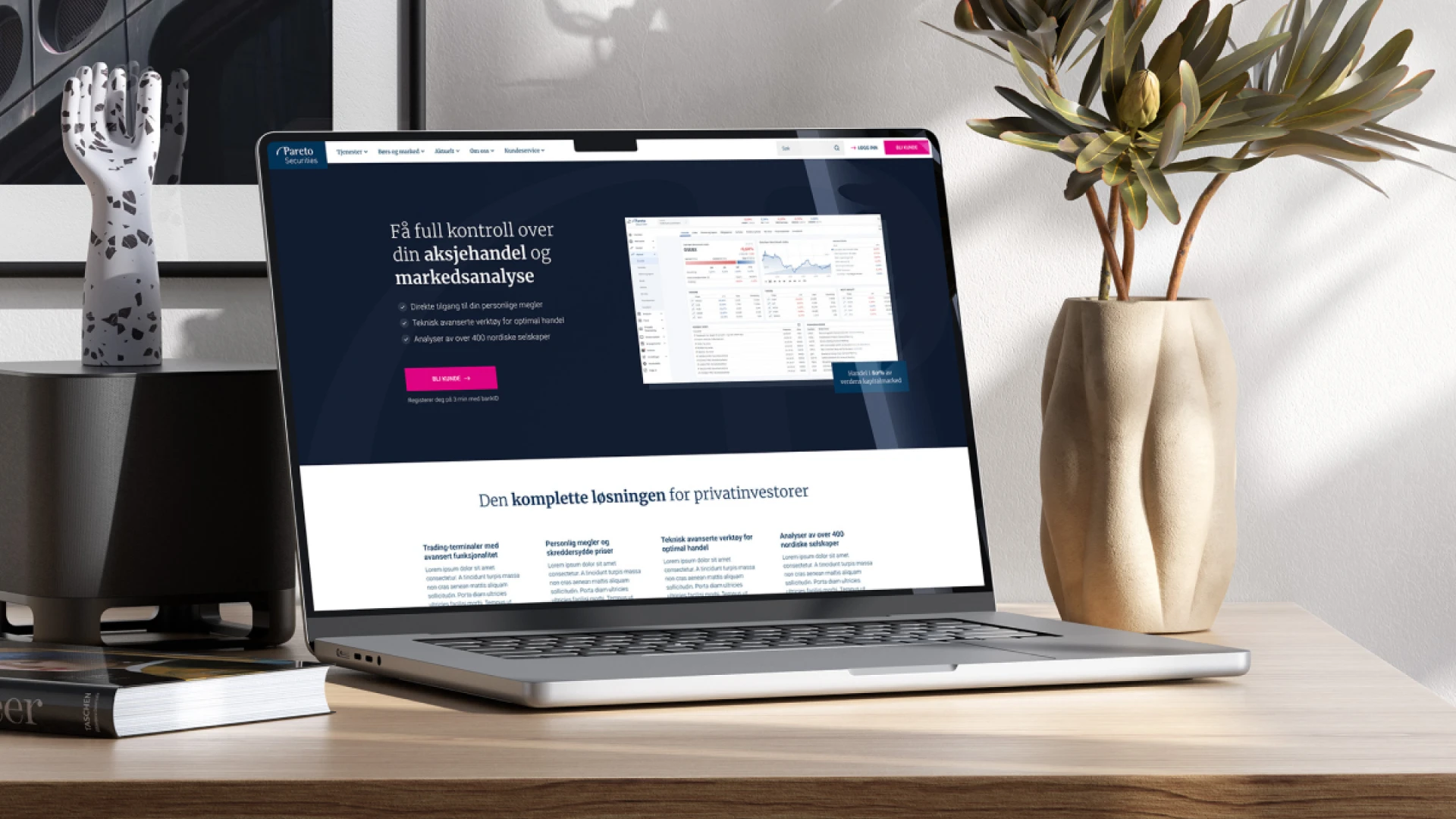 Pareto Securities webbplats på en laptop