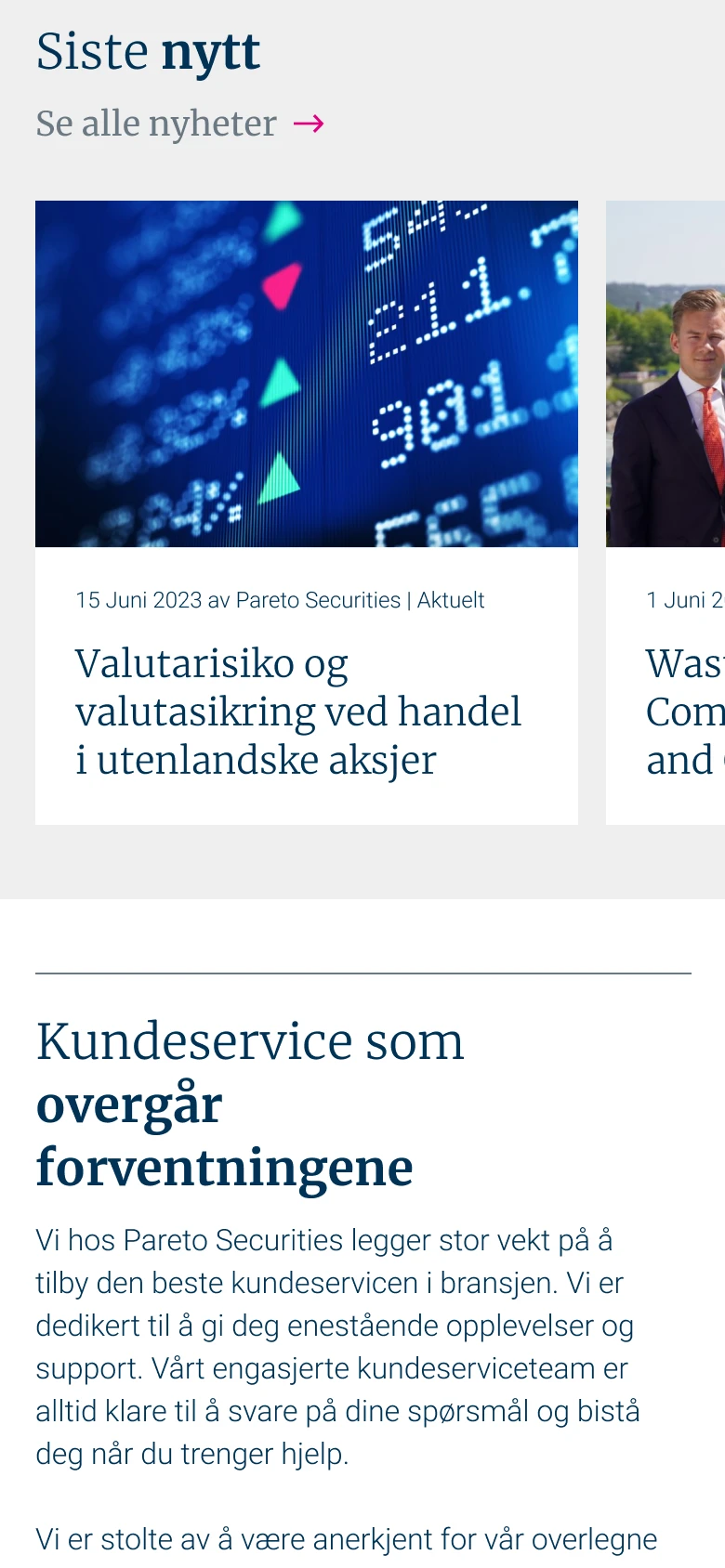 Nyhetsflödet och kundservicesektionen i mobilen