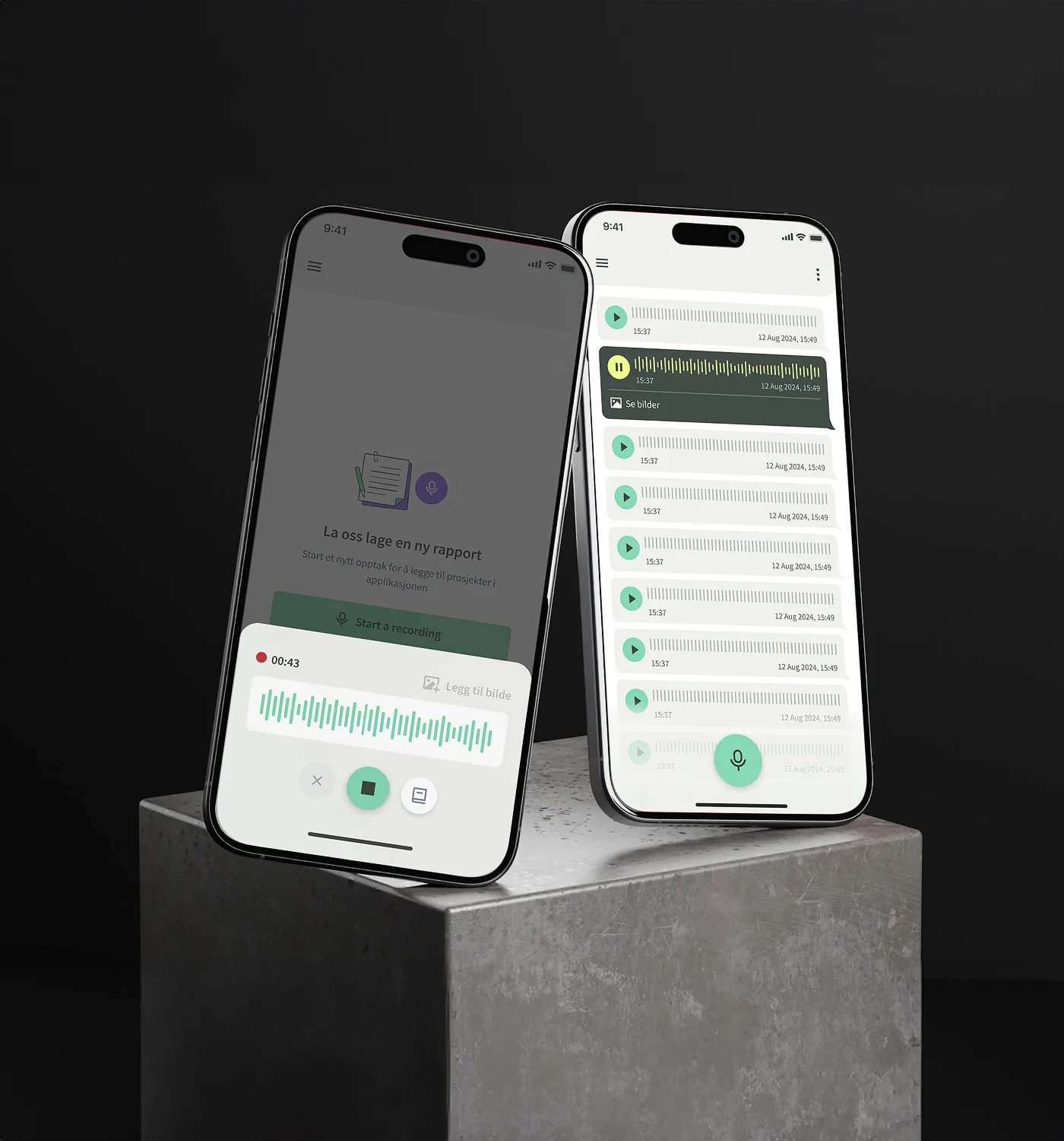 Pretaksts inspektionsapp på två mobiltelefoner med inspelning av observationer och en lista med ljudanteckningar