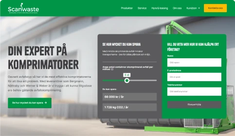 Scanwastes landningssida med sparkalkylator och kontaktformulär