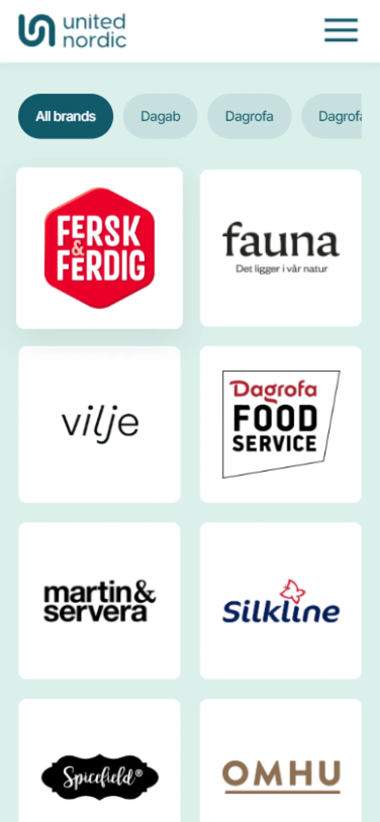 Varumärkessidan i mobilen, med filtrering per ägare