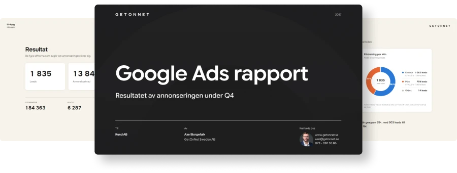 Google Ads-rapport med omslag, resultatsida och diagram