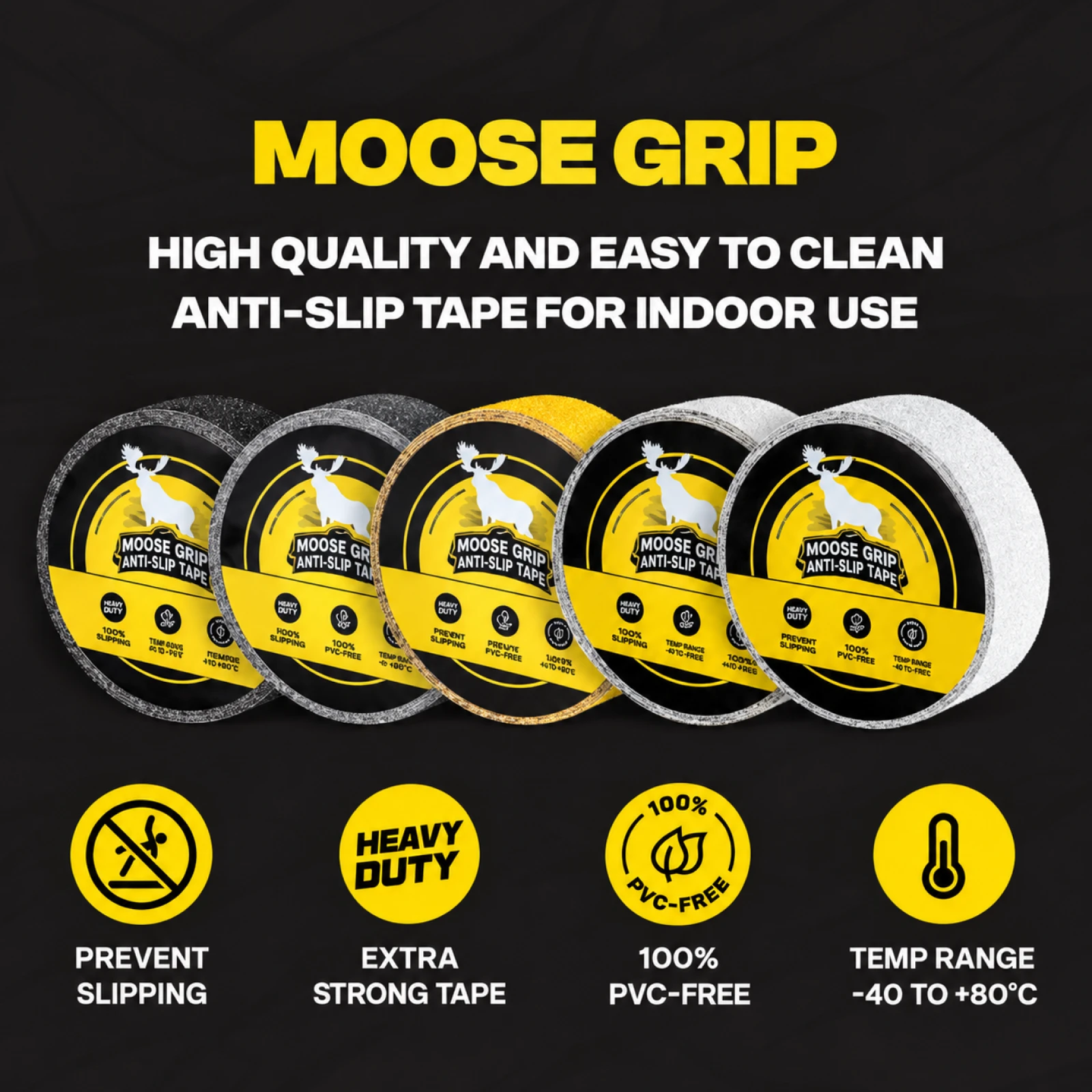 Annons för Moose Grip med fem rullar halkskyddstejp i olika ytor