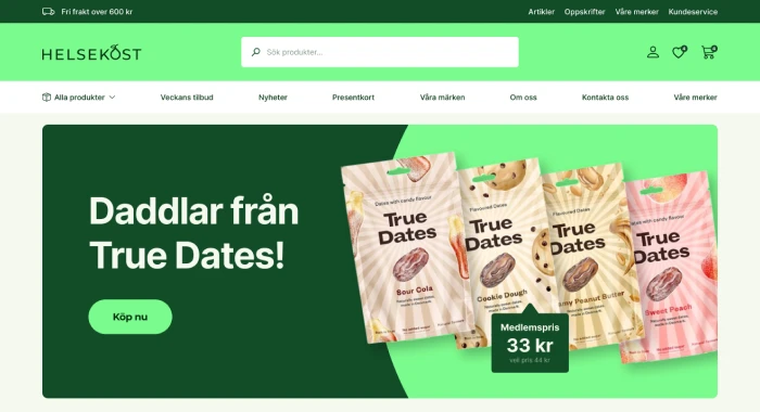 Startsidan i Helsekosts nylanserade webbshop, med kampanj och medlemspris