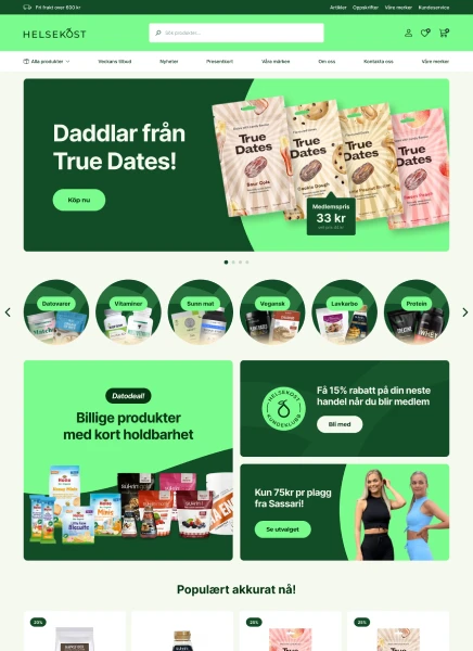 Startsidan i Helsekosts webbshop, med kategorier, erbjudanden och populära produkter