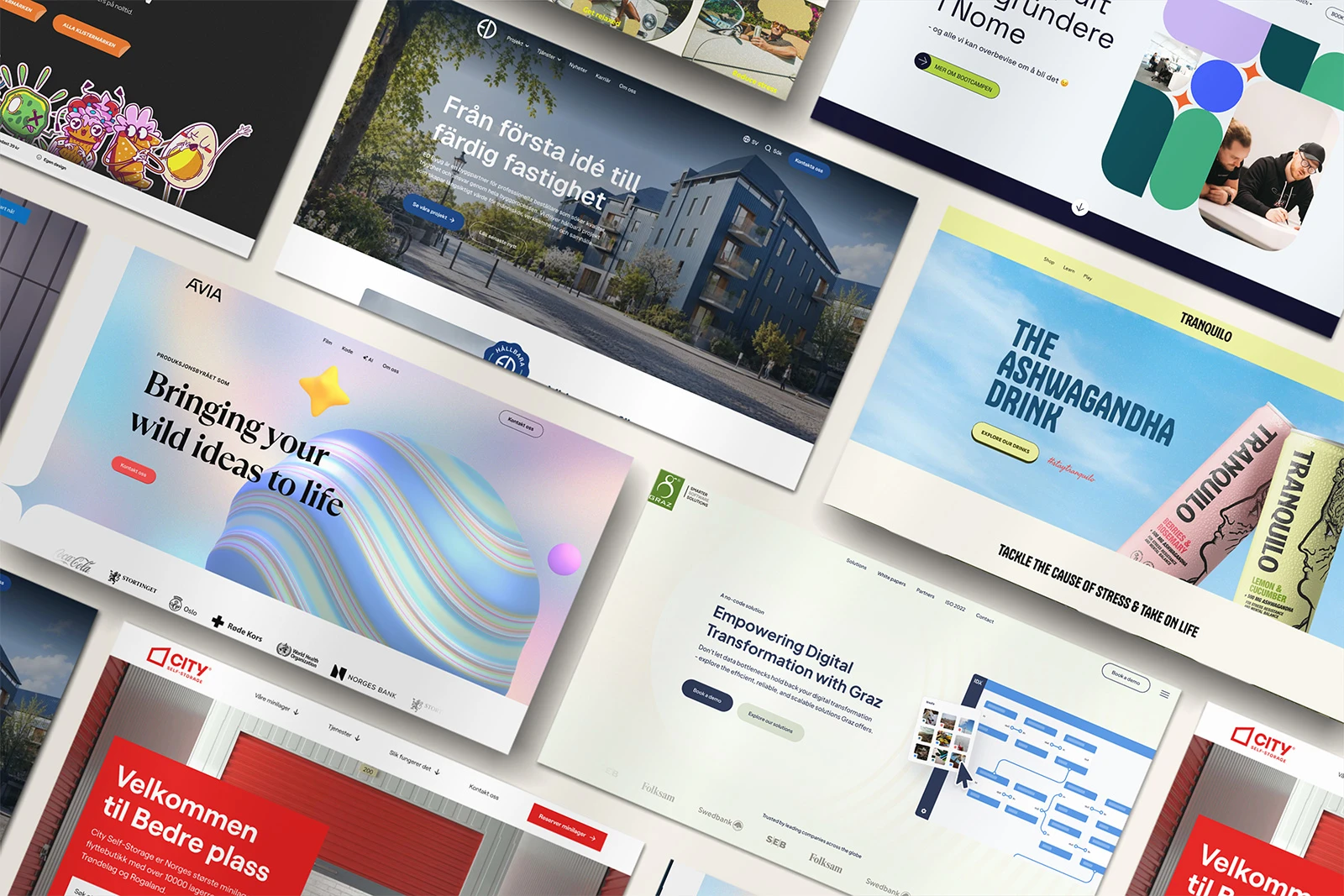 Collage av hemsidor som Getonnet har byggt, bland annat för Avia, City Self-Storage, Graz och Tranquilo